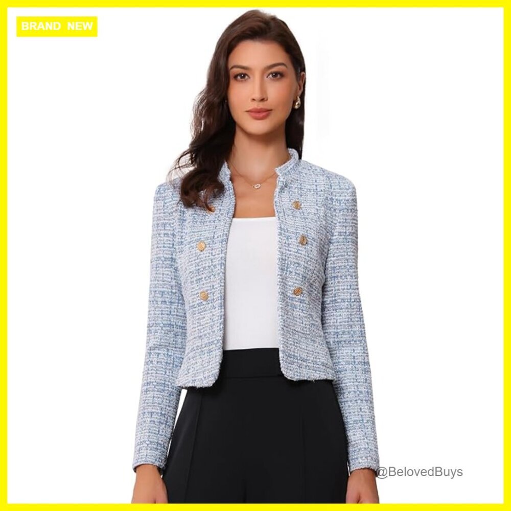Cropped Tweed Blazer Stand Collar Business Casual Jacket Fitted
